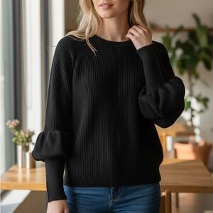 $425 Magaschoni Black 100% Cashmere Crew Neck lantern sleeves Sweater